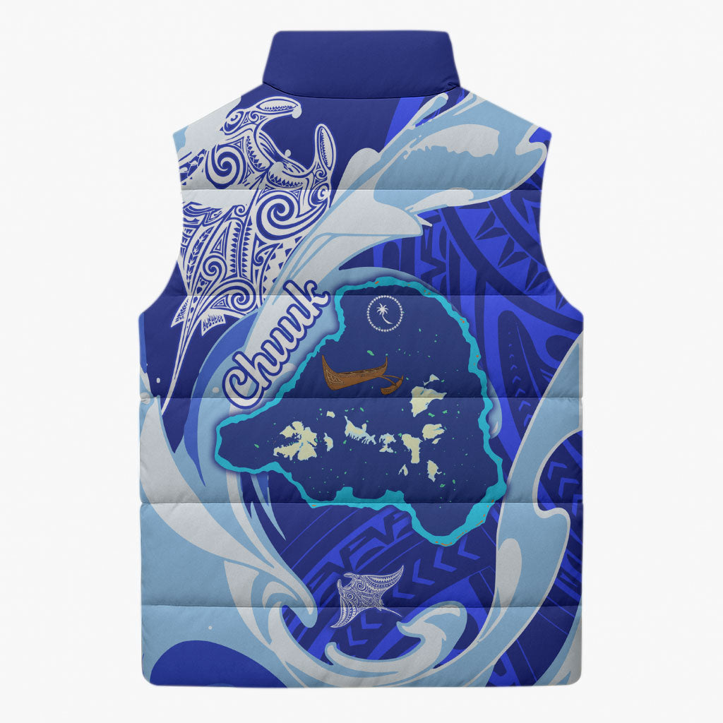 Chuuk Micronesian Roots Sleeveless Puffer Jacket Polynesian Tribal Pattern Hibiscus Flower And Stingray Art