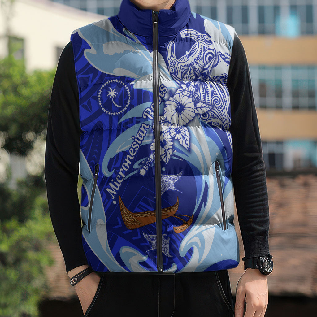 Chuuk Micronesian Roots Sleeveless Puffer Jacket Polynesian Tribal Pattern Hibiscus Flower And Stingray Art