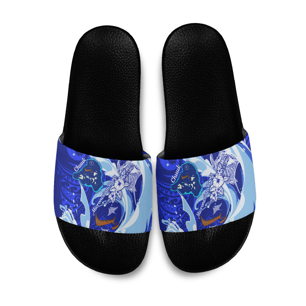 Chuuk Micronesian Roots Slide Sandals Polynesian Tribal Pattern Hibiscus Flower And Stingray Art TS04 Blue White - Polynesian Pride