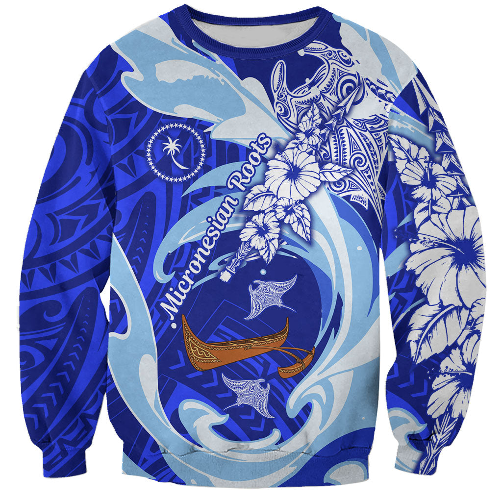 Chuuk Micronesian Roots Sweatshirt Polynesian Tribal Pattern Hibiscus Flower And Stingray Art TS04 Unisex Blue White - Polynesian Pride