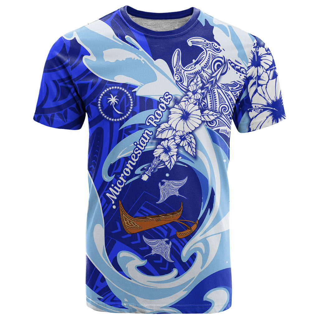 Chuuk Micronesian Roots T Shirt Polynesian Tribal Pattern Hibiscus Flower And Stingray Art TS04 Blue White - Polynesian Pride