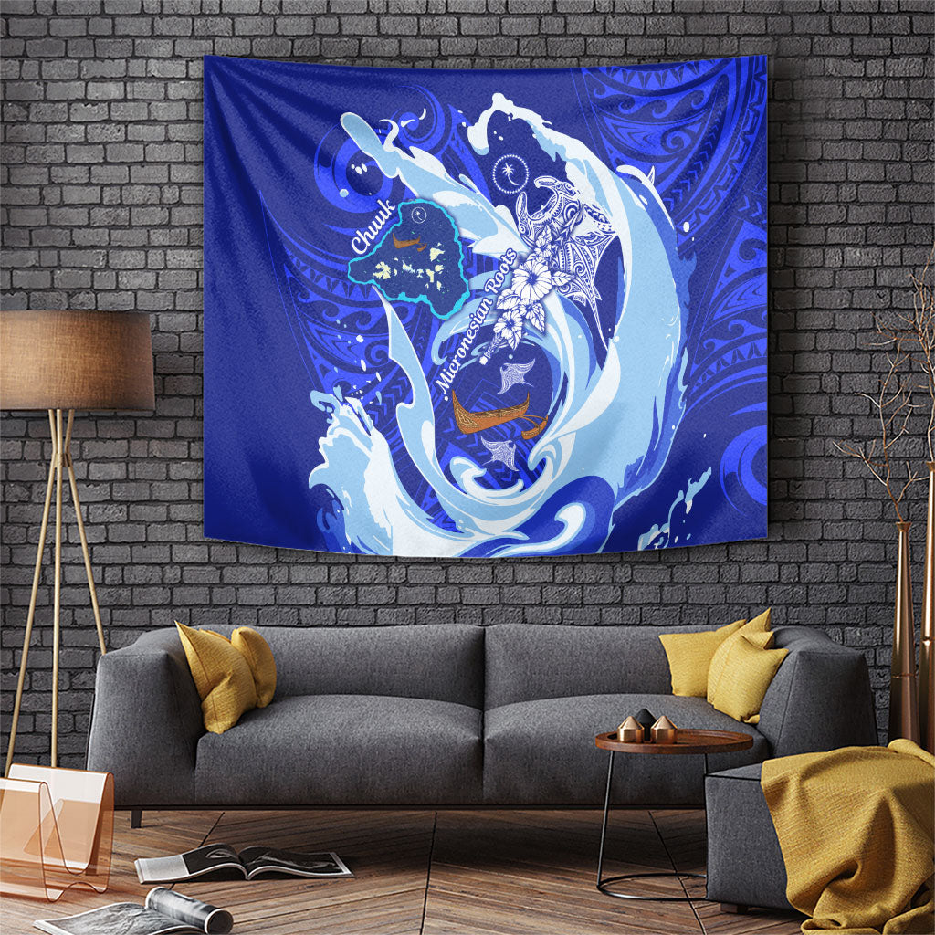 Chuuk Micronesian Roots Tapestry Polynesian Tribal Pattern Hibiscus Flower And Stingray Art TS04 Blue White - Polynesian Pride