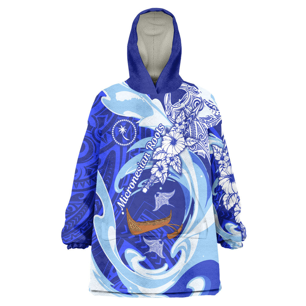 Chuuk Micronesian Roots Wearable Blanket Hoodie Polynesian Tribal Pattern Hibiscus Flower And Stingray Art TS04 One Size Blue White - Polynesian Pride