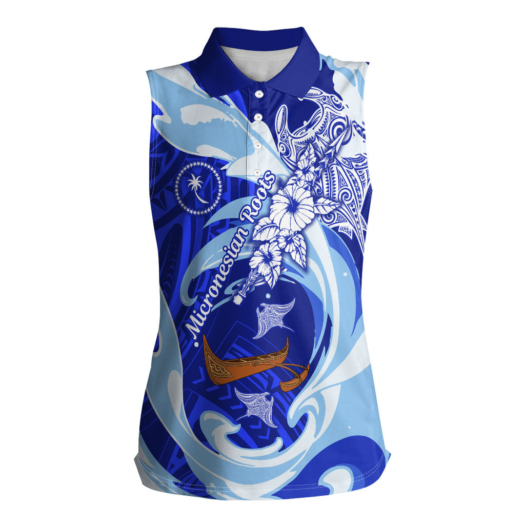 Chuuk Micronesian Roots Women Sleeveless Polo Shirt Polynesian Tribal Pattern Hibiscus Flower And Stingray Art TS04 Female Blue White - Polynesian Pride