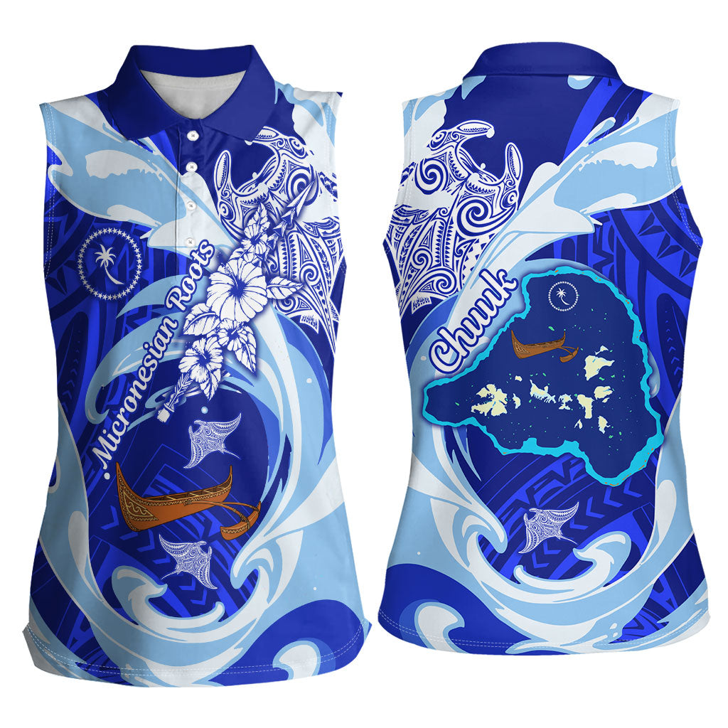 Chuuk Micronesian Roots Women Sleeveless Polo Shirt Polynesian Tribal Pattern Hibiscus Flower And Stingray Art