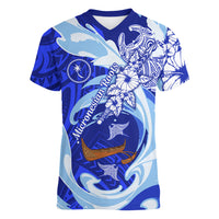 Chuuk Micronesian Roots Women V-Neck T-Shirt Polynesian Tribal Pattern Hibiscus Flower And Stingray Art