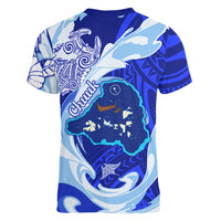 Chuuk Micronesian Roots Women V-Neck T-Shirt Polynesian Tribal Pattern Hibiscus Flower And Stingray Art