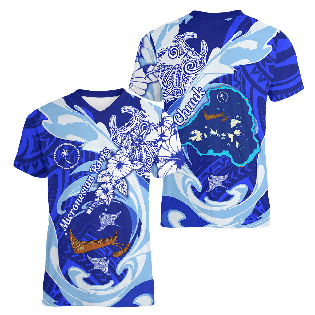 Chuuk Micronesian Roots Women V-Neck T-Shirt Polynesian Tribal Pattern Hibiscus Flower And Stingray Art