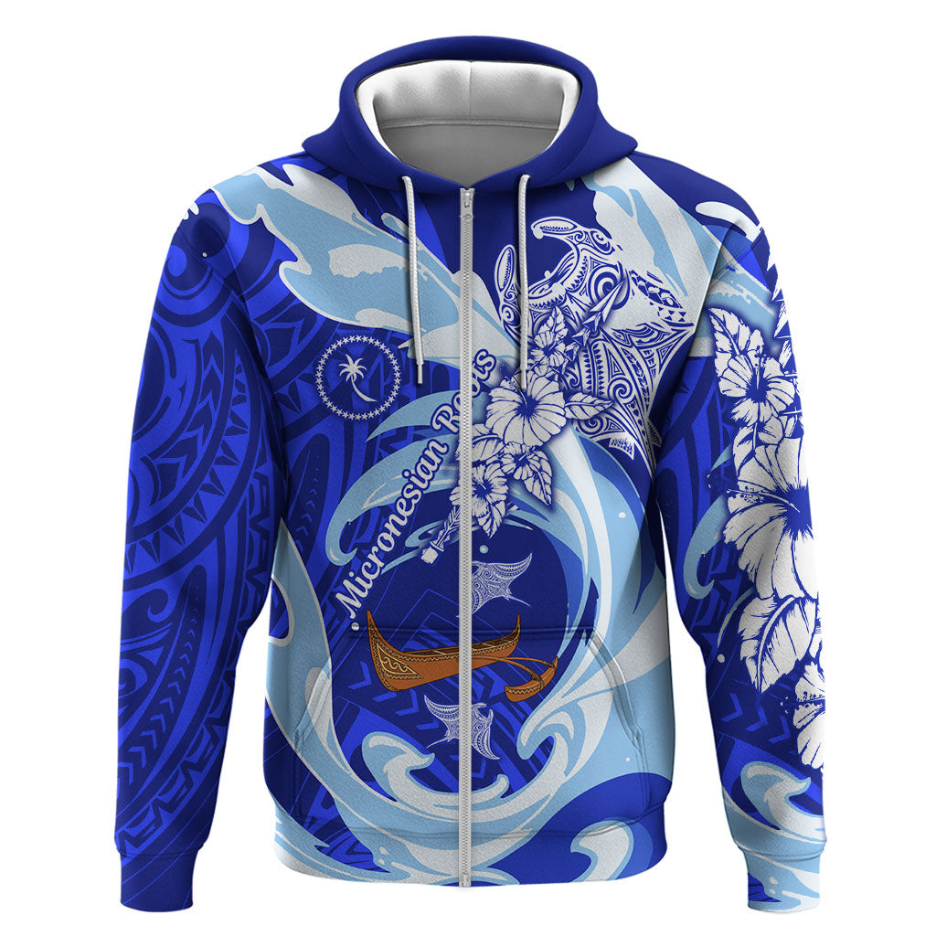 Chuuk Micronesian Roots Zip Hoodie Polynesian Tribal Pattern Hibiscus Flower And Stingray Art