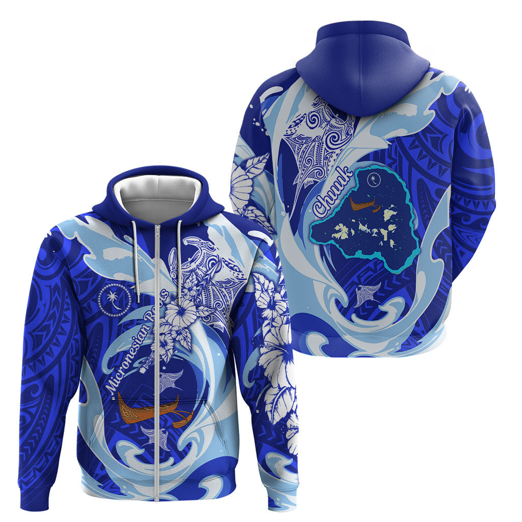 Chuuk Micronesian Roots Zip Hoodie Polynesian Tribal Pattern Hibiscus Flower And Stingray Art
