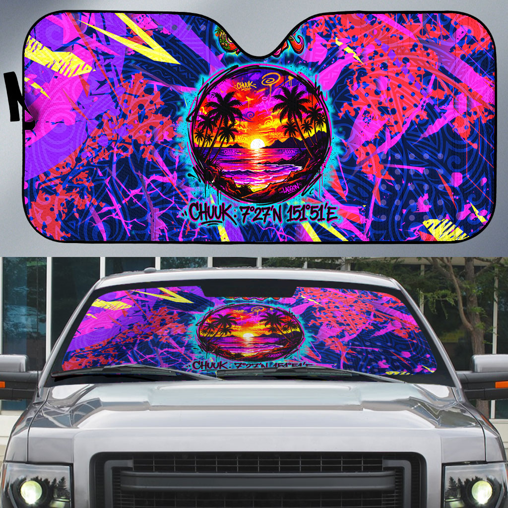 Chuuk Tropical Sunset Coordinates Auto Sun Shade Neon Graffiti Polynesian Tribal TS04 Purple Pink - Polynesian Pride