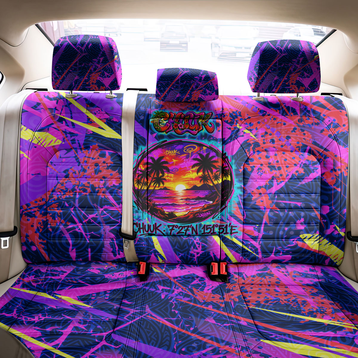 Chuuk Tropical Sunset Coordinates Back Car Seat Cover Neon Graffiti Polynesian Tribal