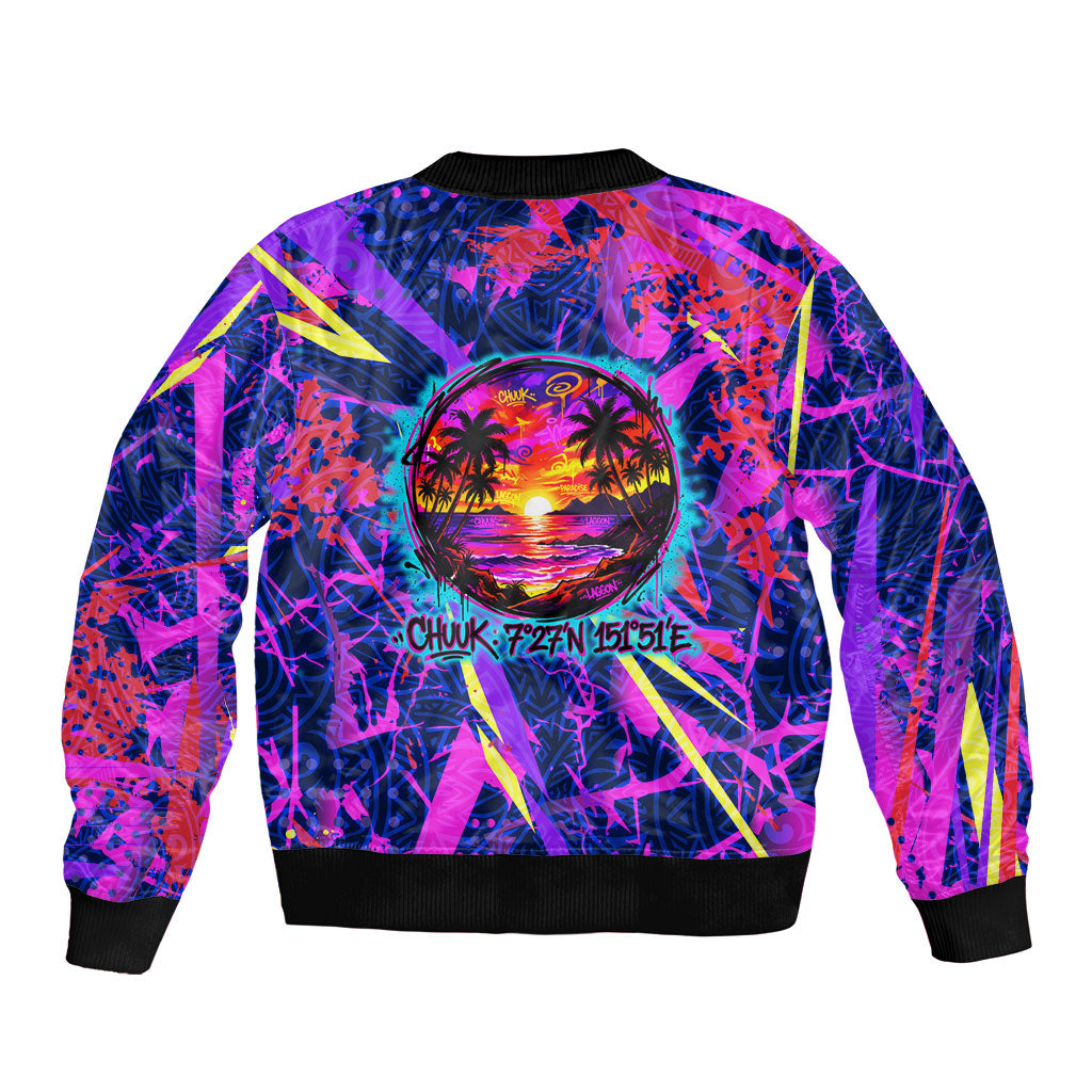 Chuuk Tropical Sunset Coordinates Bomber Jacket Neon Graffiti Polynesian Tribal