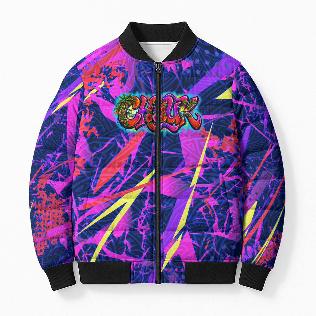 Chuuk Tropical Sunset Coordinates Bomber Puffer Jacket Neon Graffiti Polynesian Tribal TS04 Unisex Purple Pink - Polynesian Pride