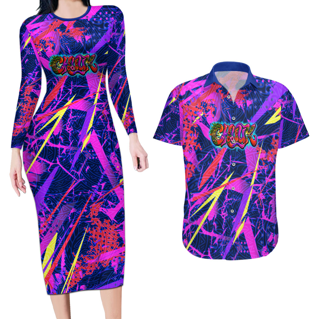 Chuuk Tropical Sunset Coordinates Couples Matching Long Sleeve Bodycon Dress and Hawaiian Shirt Neon Graffiti Polynesian Tribal TS04 Purple Pink - Polynesian Pride
