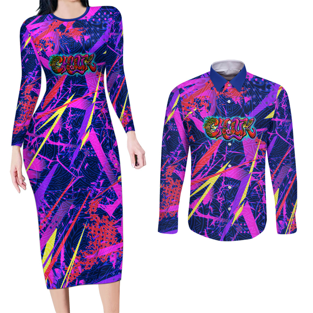 Chuuk Tropical Sunset Coordinates Couples Matching Long Sleeve Bodycon Dress and Long Sleeve Button Shirt Neon Graffiti Polynesian Tribal
