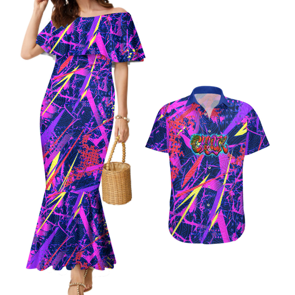 Chuuk Tropical Sunset Coordinates Couples Matching Mermaid Dress and Hawaiian Shirt Neon Graffiti Polynesian Tribal