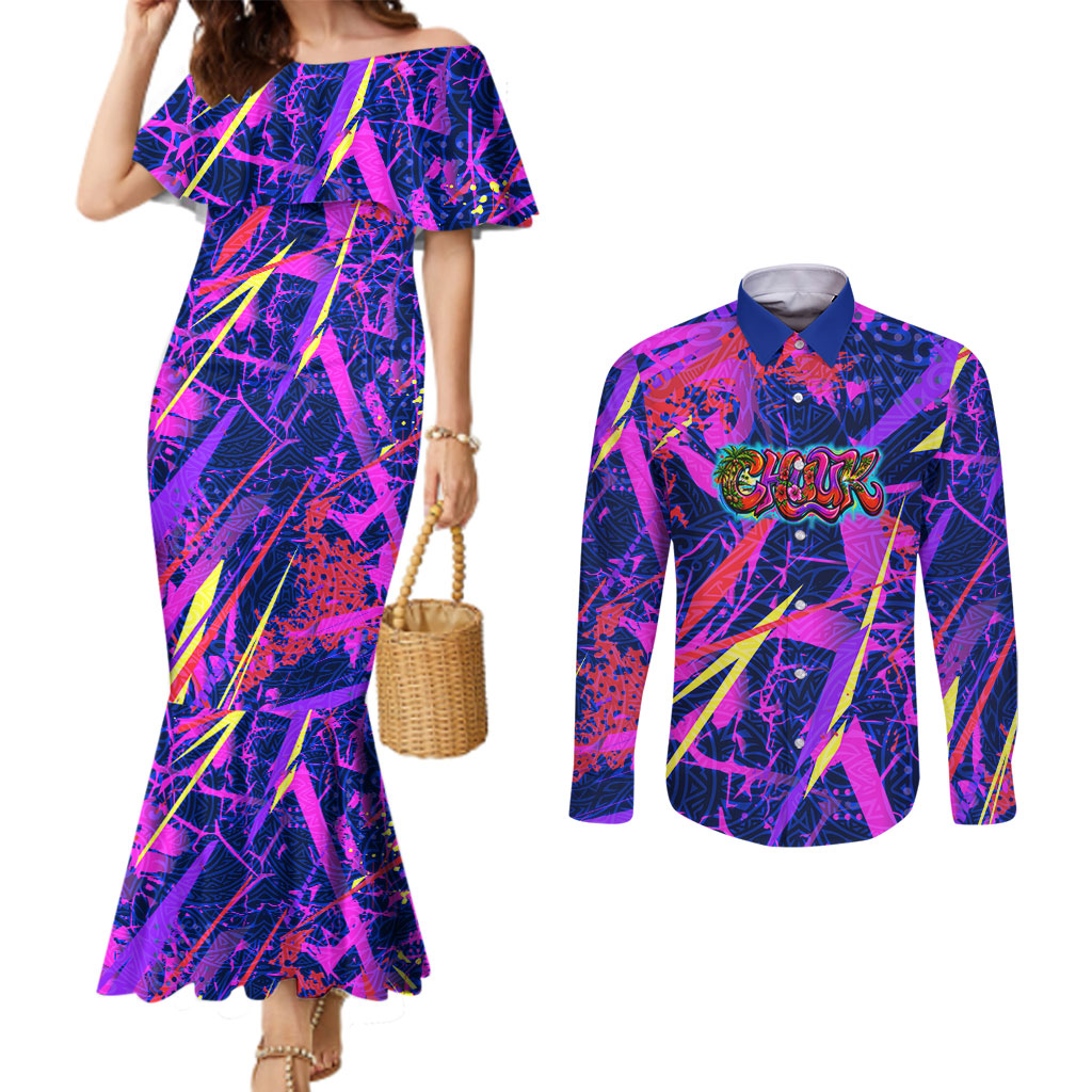 Chuuk Tropical Sunset Coordinates Couples Matching Mermaid Dress and Long Sleeve Button Shirt Neon Graffiti Polynesian Tribal