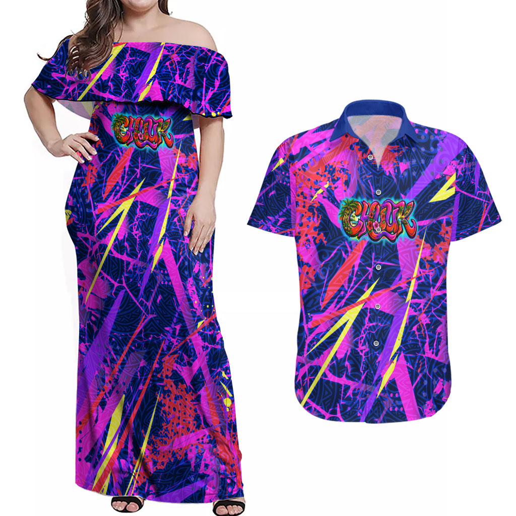 Chuuk Tropical Sunset Coordinates Couples Matching Off Shoulder Maxi Dress and Hawaiian Shirt Neon Graffiti Polynesian Tribal TS04 Purple Pink - Polynesian Pride