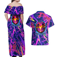 Chuuk Tropical Sunset Coordinates Couples Matching Off Shoulder Maxi Dress and Hawaiian Shirt Neon Graffiti Polynesian Tribal