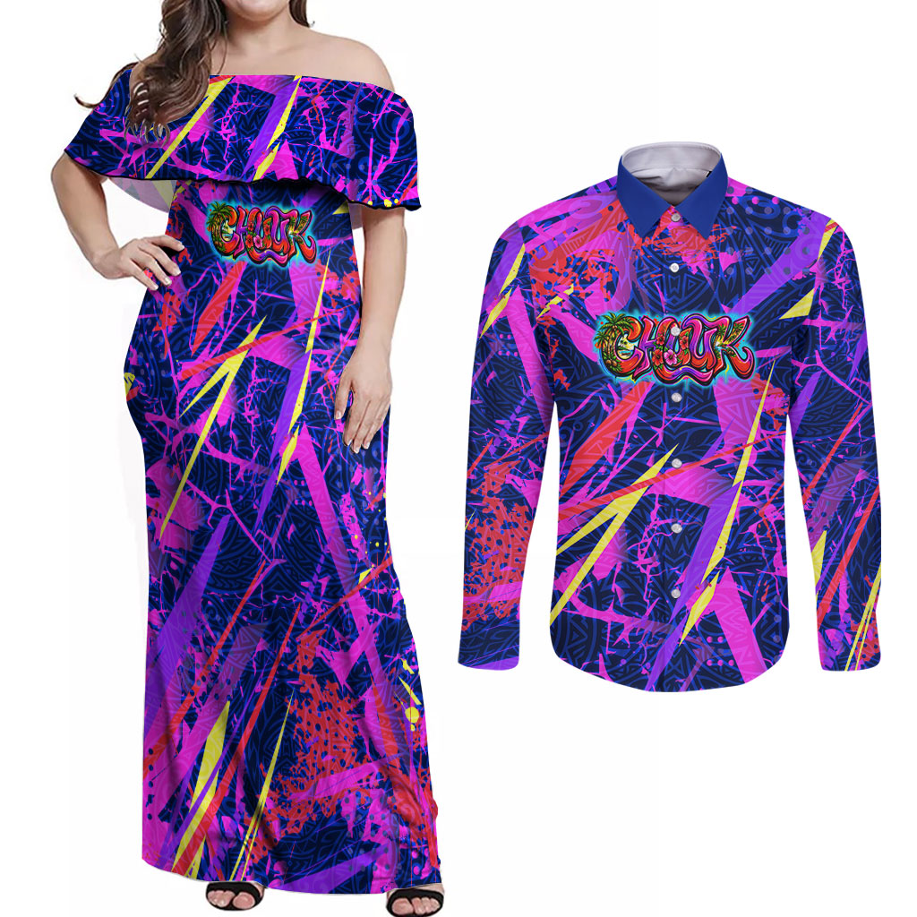 Chuuk Tropical Sunset Coordinates Couples Matching Off Shoulder Maxi Dress and Long Sleeve Button Shirt Neon Graffiti Polynesian Tribal