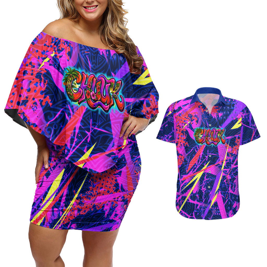 Chuuk Tropical Sunset Coordinates Couples Matching Off Shoulder Short Dress and Hawaiian Shirt Neon Graffiti Polynesian Tribal TS04 Purple Pink - Polynesian Pride