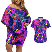 Chuuk Tropical Sunset Coordinates Couples Matching Off Shoulder Short Dress and Hawaiian Shirt Neon Graffiti Polynesian Tribal