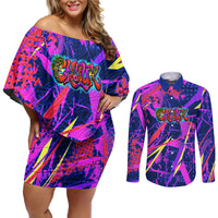 Chuuk Tropical Sunset Coordinates Couples Matching Off Shoulder Short Dress and Long Sleeve Button Shirt Neon Graffiti Polynesian Tribal