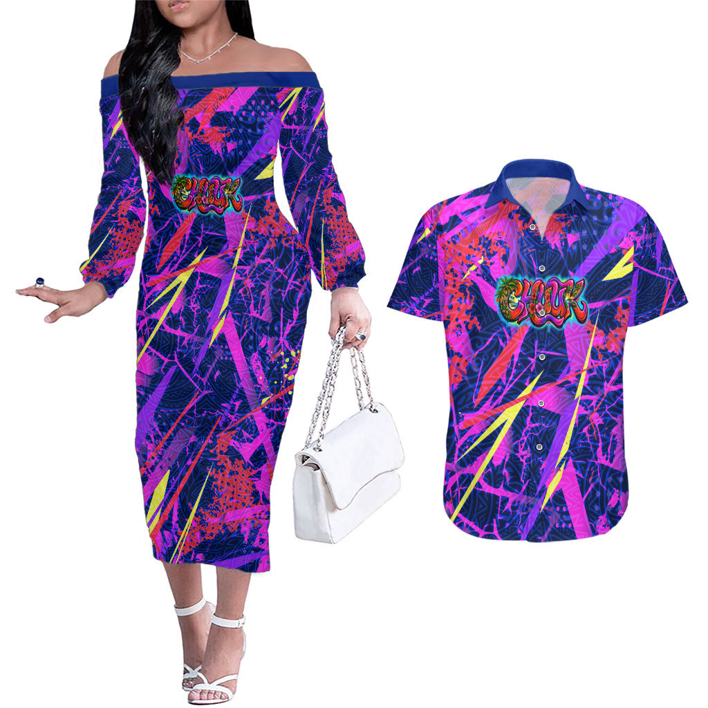 Chuuk Tropical Sunset Coordinates Couples Matching Off The Shoulder Long Sleeve Dress and Hawaiian Shirt Neon Graffiti Polynesian Tribal TS04 Purple Pink - Polynesian Pride