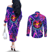 Chuuk Tropical Sunset Coordinates Couples Matching Off The Shoulder Long Sleeve Dress and Long Sleeve Button Shirt Neon Graffiti Polynesian Tribal