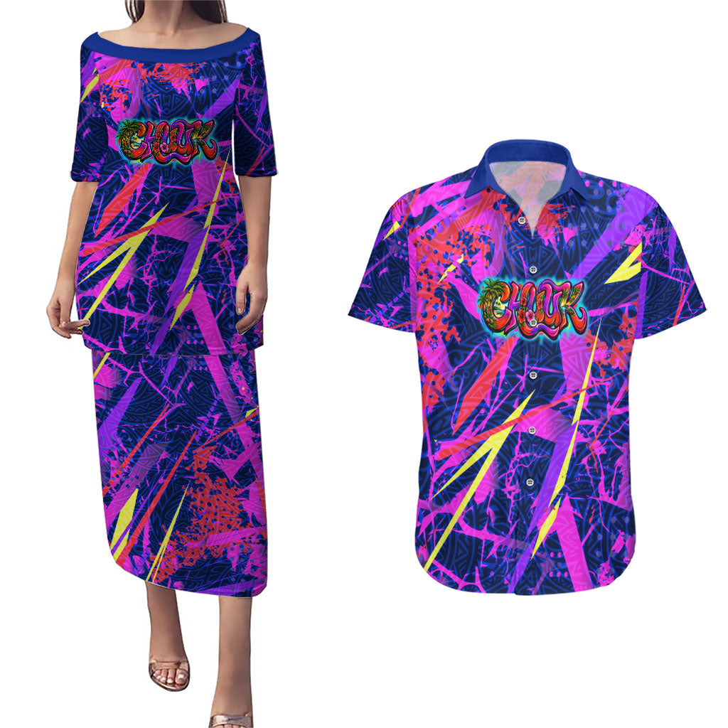 Chuuk Tropical Sunset Coordinates Couples Matching Puletasi and Hawaiian Shirt Neon Graffiti Polynesian Tribal TS04 Purple Pink - Polynesian Pride