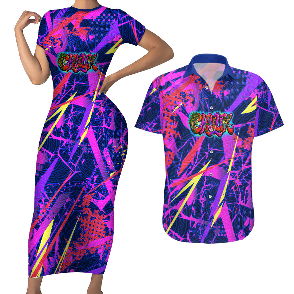 Chuuk Tropical Sunset Coordinates Couples Matching Short Sleeve Bodycon Dress and Hawaiian Shirt Neon Graffiti Polynesian Tribal TS04 Purple Pink - Polynesian Pride