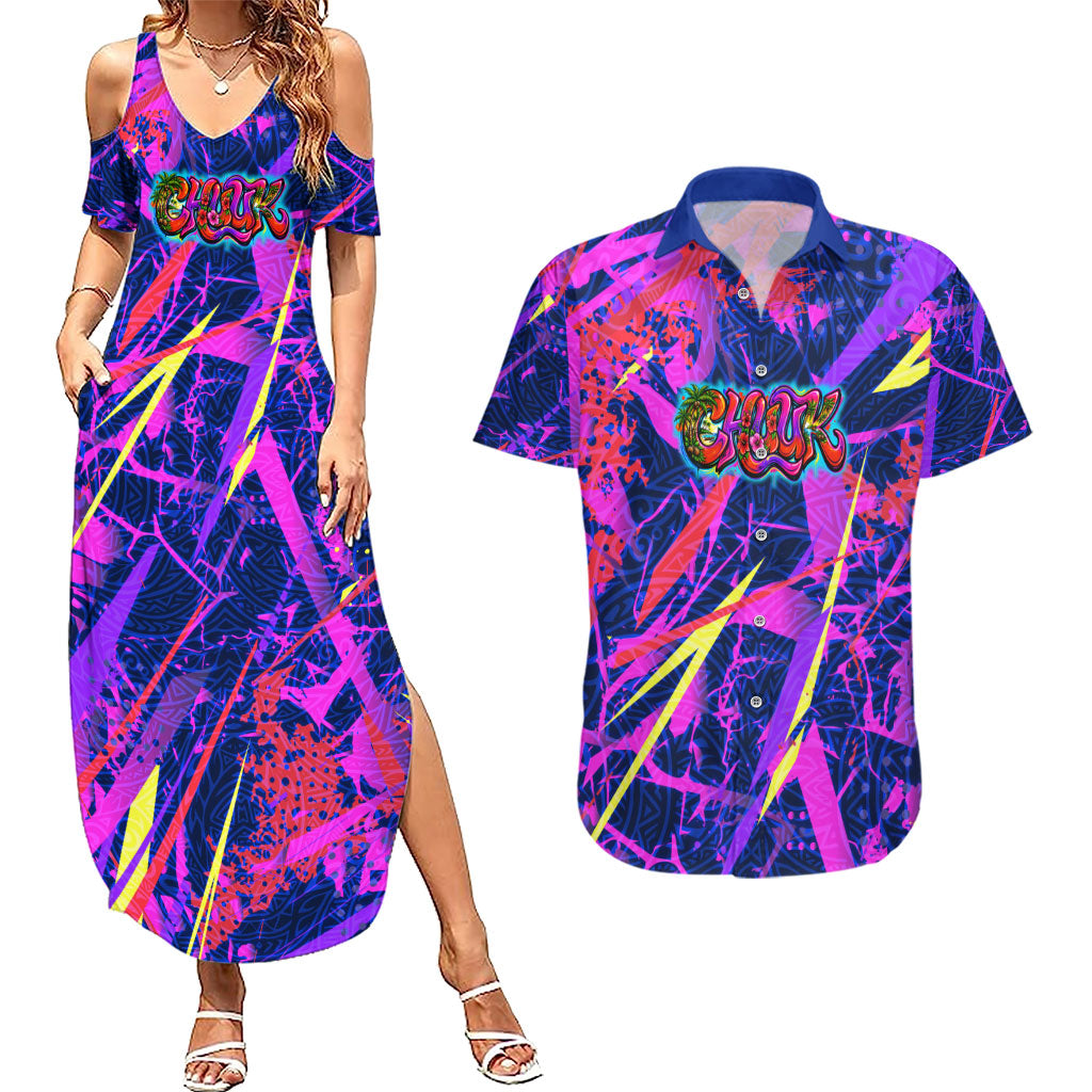 Chuuk Tropical Sunset Coordinates Couples Matching Summer Maxi Dress and Hawaiian Shirt Neon Graffiti Polynesian Tribal