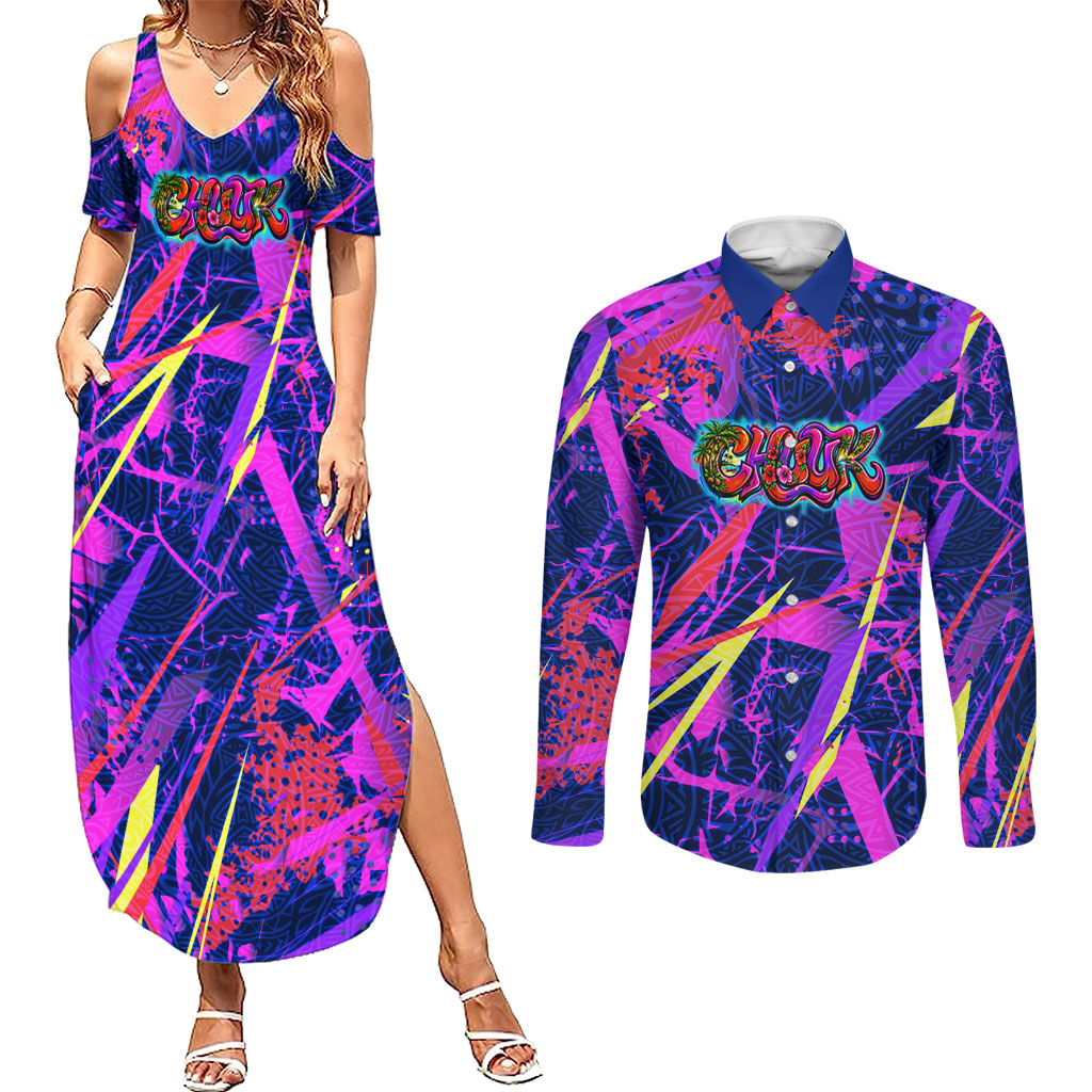 Chuuk Tropical Sunset Coordinates Couples Matching Summer Maxi Dress and Long Sleeve Button Shirt Neon Graffiti Polynesian Tribal TS04 Purple Pink - Polynesian Pride