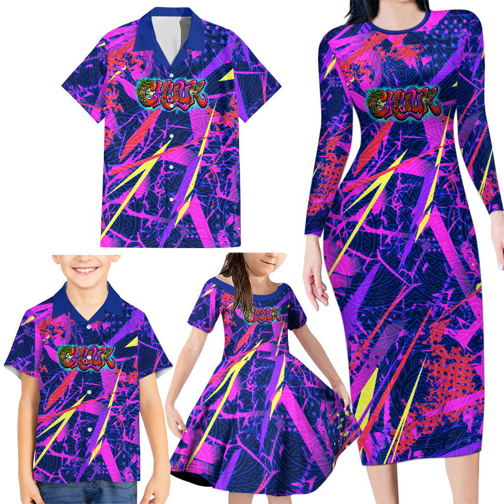 Chuuk Tropical Sunset Coordinates Family Matching Long Sleeve Bodycon Dress and Hawaiian Shirt Neon Graffiti Polynesian Tribal TS04 - Polynesian Pride