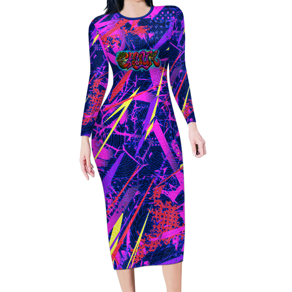 Chuuk Tropical Sunset Coordinates Family Matching Long Sleeve Bodycon Dress and Hawaiian Shirt Neon Graffiti Polynesian Tribal