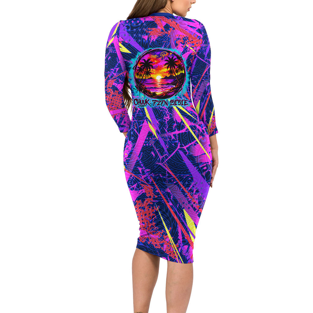 Chuuk Tropical Sunset Coordinates Family Matching Long Sleeve Bodycon Dress and Hawaiian Shirt Neon Graffiti Polynesian Tribal
