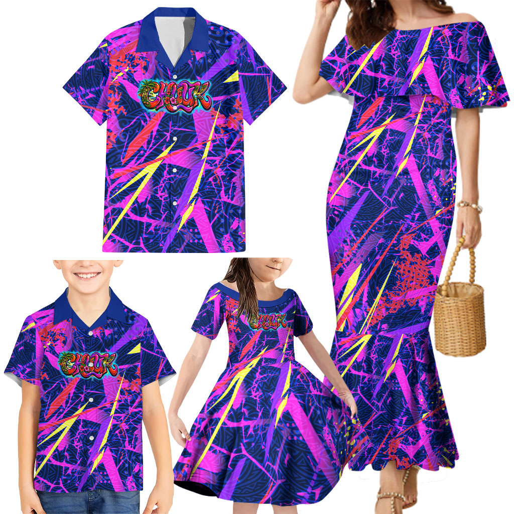 Chuuk Tropical Sunset Coordinates Family Matching Mermaid Dress and Hawaiian Shirt Neon Graffiti Polynesian Tribal TS04 - Polynesian Pride