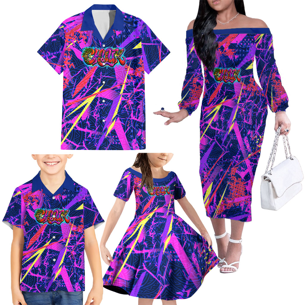 Chuuk Tropical Sunset Coordinates Family Matching Off The Shoulder Long Sleeve Dress and Hawaiian Shirt Neon Graffiti Polynesian Tribal TS04 - Polynesian Pride