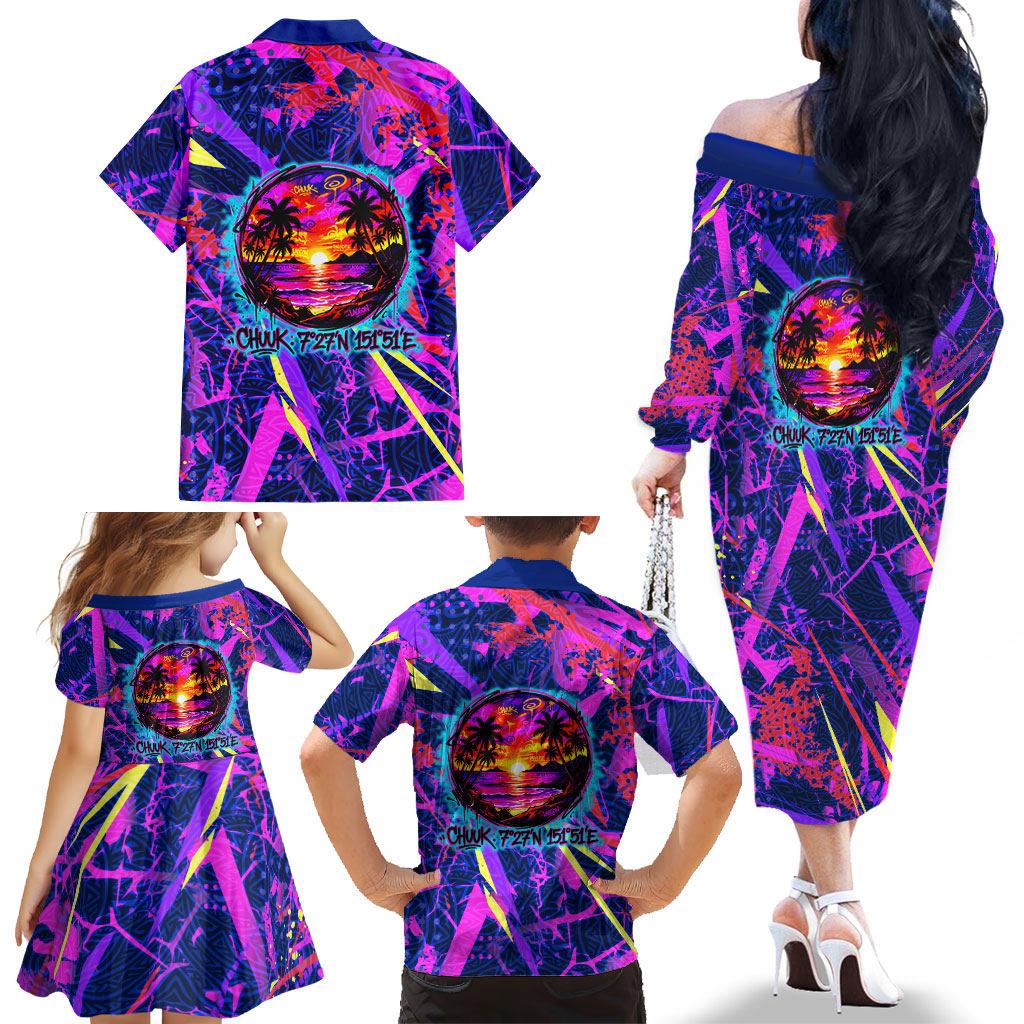 Chuuk Tropical Sunset Coordinates Family Matching Off The Shoulder Long Sleeve Dress and Hawaiian Shirt Neon Graffiti Polynesian Tribal