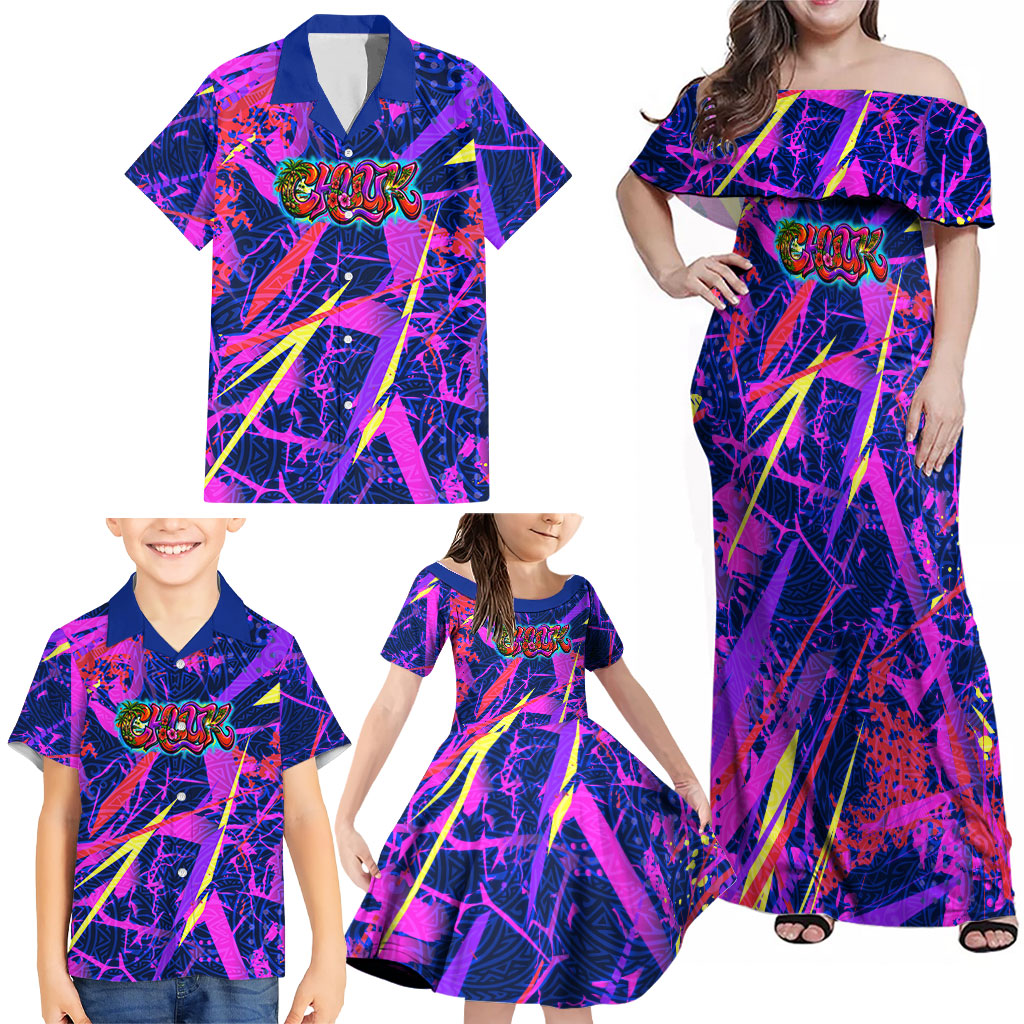 Chuuk Tropical Sunset Coordinates Family Matching Off Shoulder Maxi Dress and Hawaiian Shirt Neon Graffiti Polynesian Tribal TS04 - Polynesian Pride