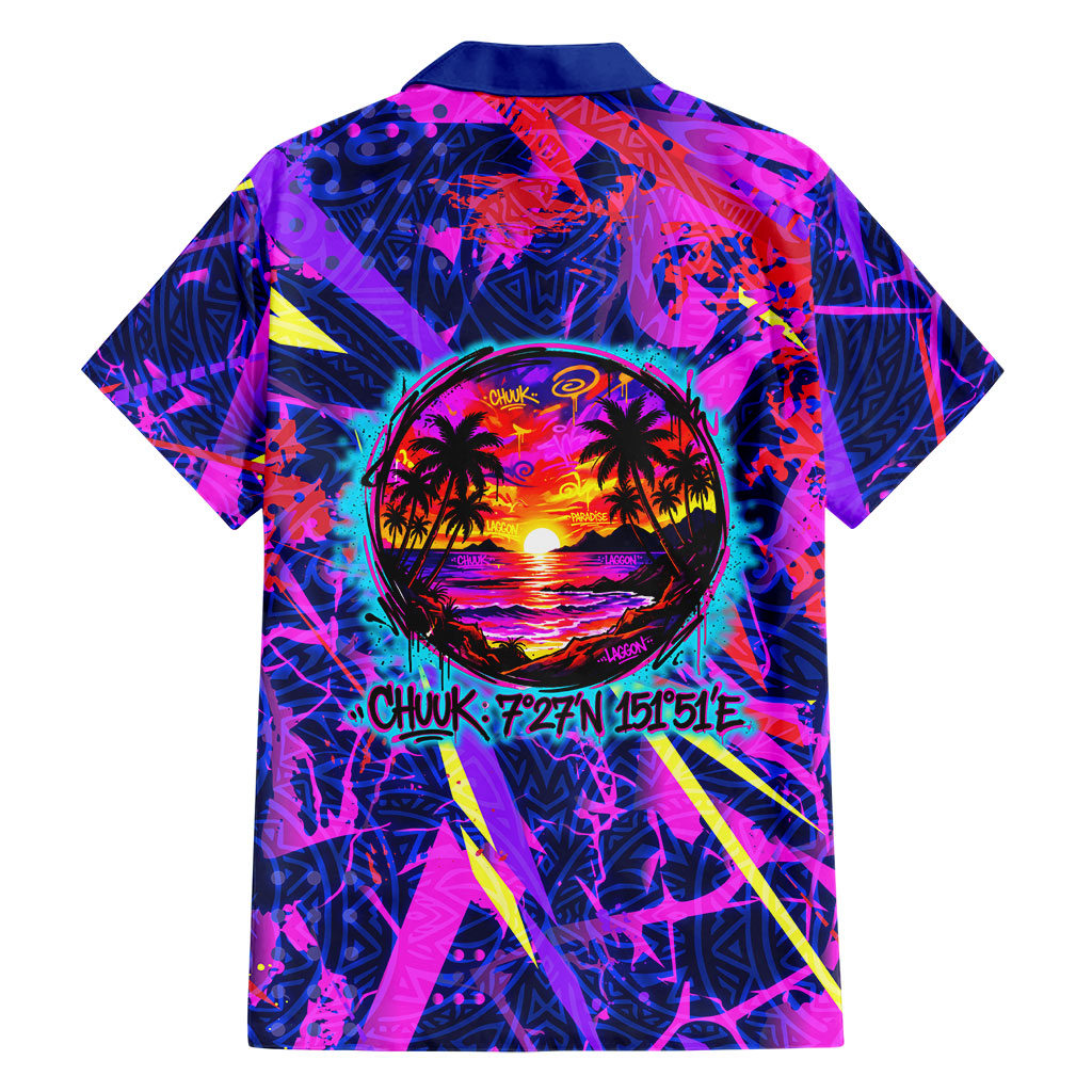 Chuuk Tropical Sunset Coordinates Family Matching Off Shoulder Maxi Dress and Hawaiian Shirt Neon Graffiti Polynesian Tribal
