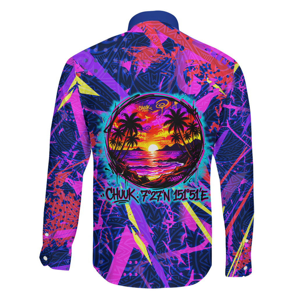 Chuuk Tropical Sunset Coordinates Family Matching Off Shoulder Maxi Dress and Hawaiian Shirt Neon Graffiti Polynesian Tribal