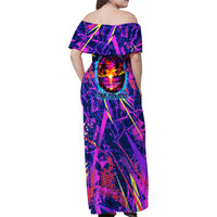 Chuuk Tropical Sunset Coordinates Family Matching Off Shoulder Maxi Dress and Hawaiian Shirt Neon Graffiti Polynesian Tribal