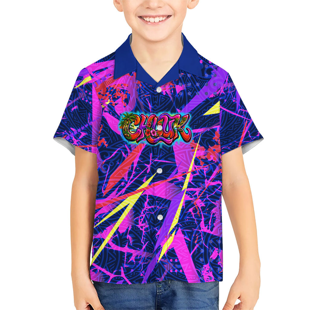 Chuuk Tropical Sunset Coordinates Family Matching Off Shoulder Maxi Dress and Hawaiian Shirt Neon Graffiti Polynesian Tribal