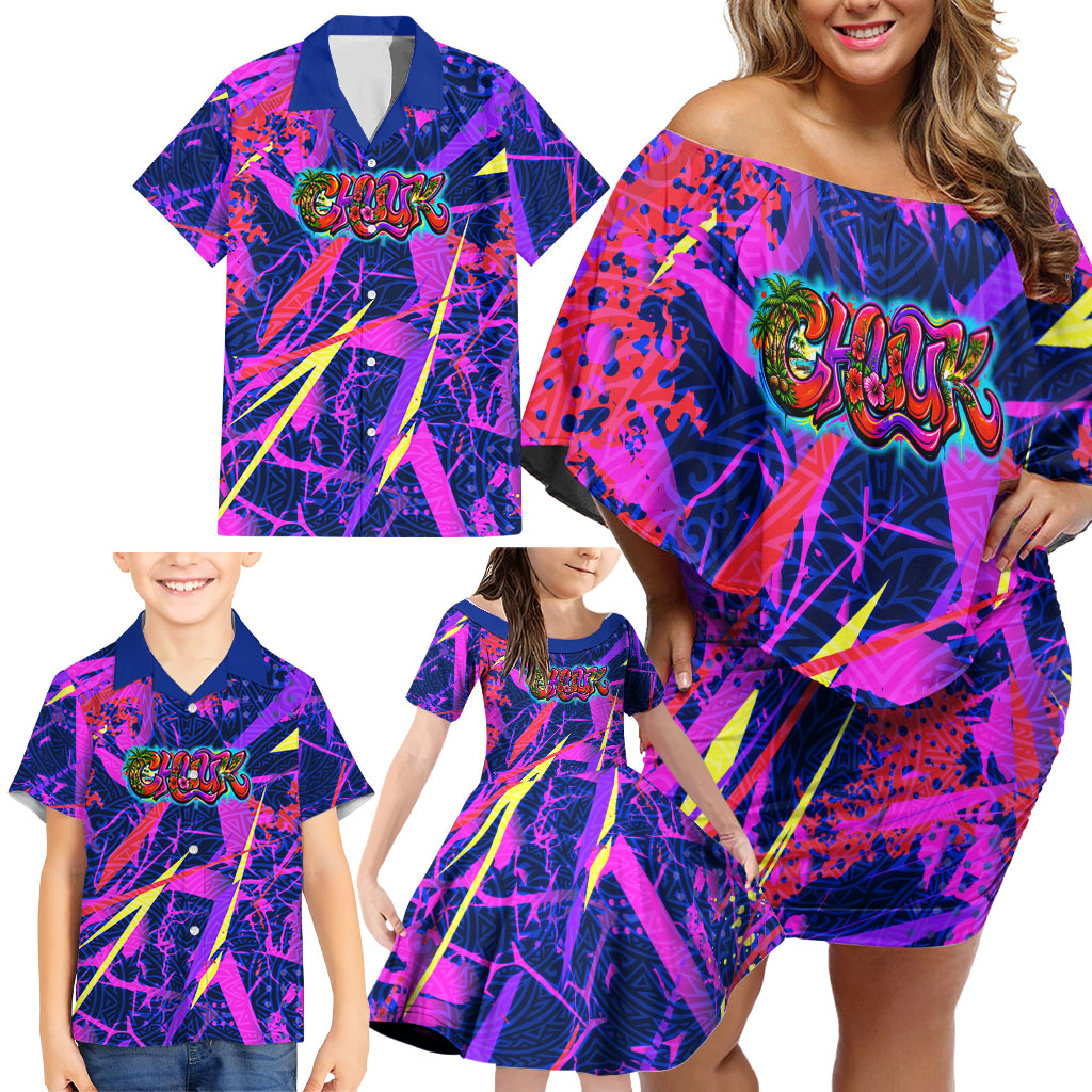 Chuuk Tropical Sunset Coordinates Family Matching Off Shoulder Short Dress and Hawaiian Shirt Neon Graffiti Polynesian Tribal TS04 - Polynesian Pride