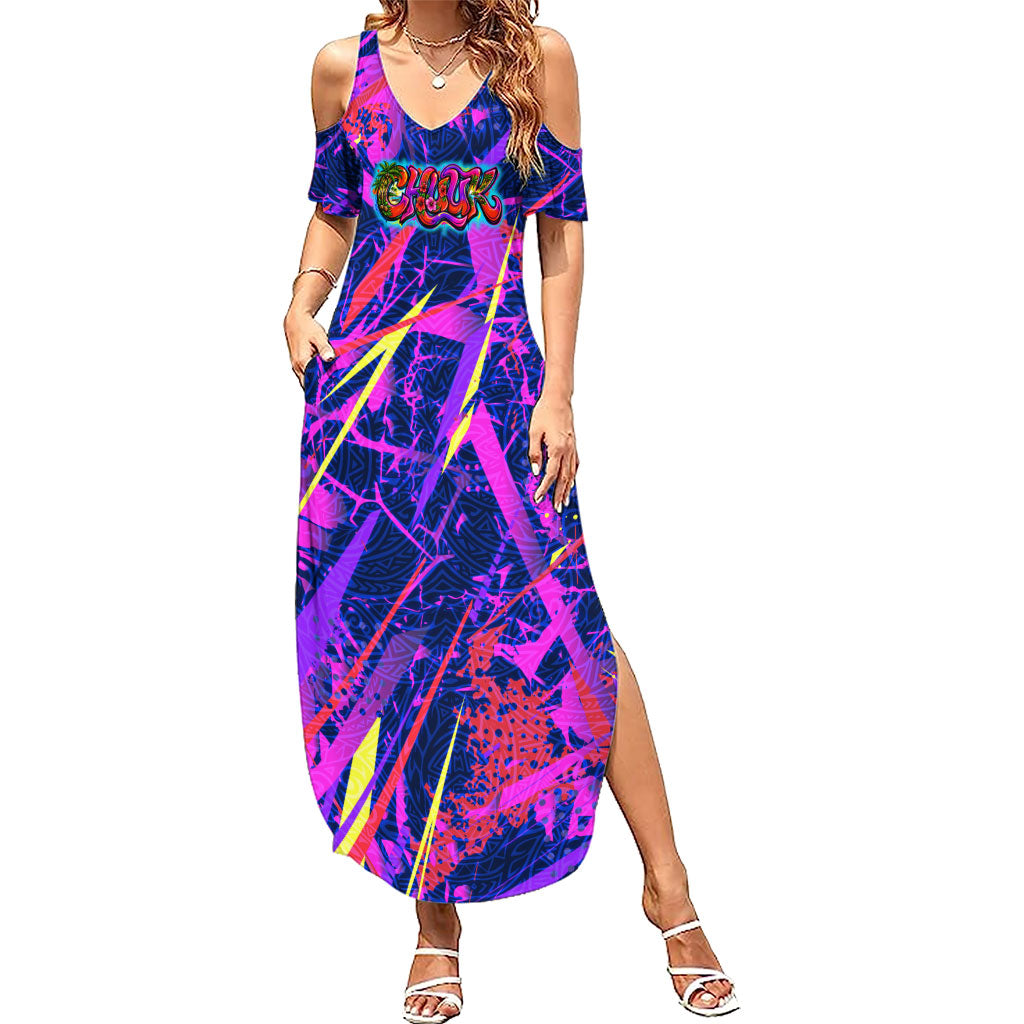 Chuuk Tropical Sunset Coordinates Family Matching Summer Maxi Dress and Hawaiian Shirt Neon Graffiti Polynesian Tribal