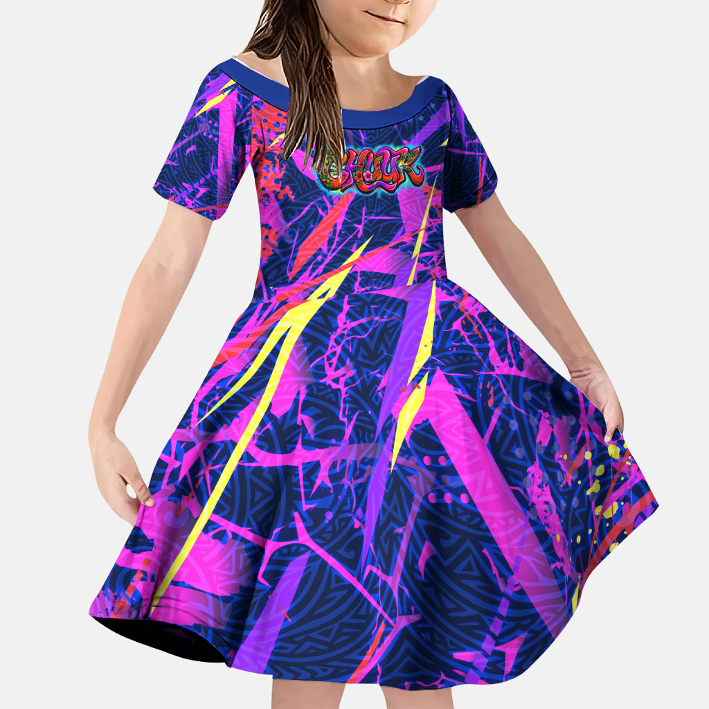 Chuuk Tropical Sunset Coordinates Family Matching Tank Maxi Dress and Hawaiian Shirt Neon Graffiti Polynesian Tribal