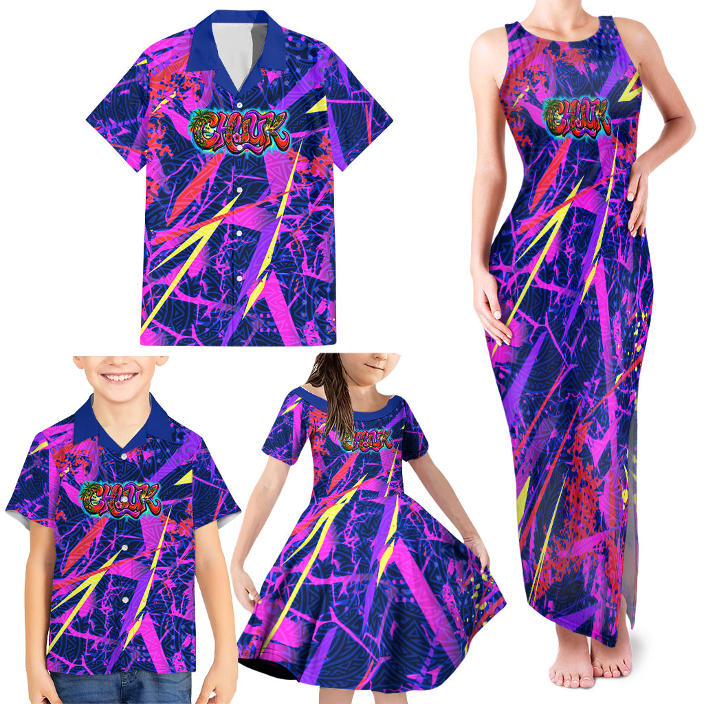 Chuuk Tropical Sunset Coordinates Family Matching Tank Maxi Dress and Hawaiian Shirt Neon Graffiti Polynesian Tribal TS04 - Polynesian Pride