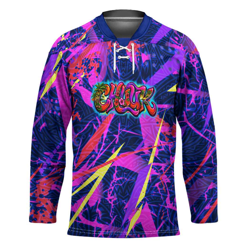 Chuuk Tropical Sunset Coordinates Hockey Jersey Neon Graffiti Polynesian Tribal TS04 Unisex Purple Pink - Polynesian Pride
